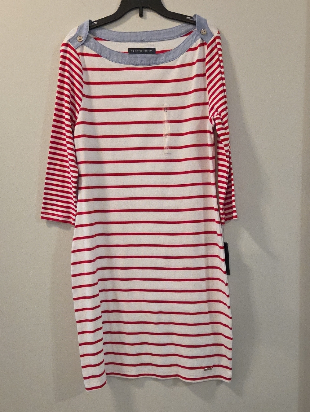 Tommy Hilfiger Red & White Striped Boatneck Shift Dress with Contrast Trim